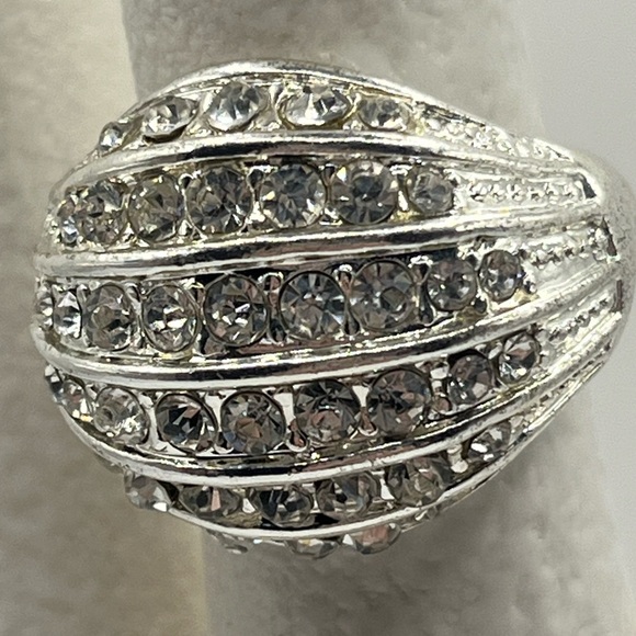 Silver Crystal Dome Statement Ring – Adjustable Size 7-9 - Picture 1 of 4